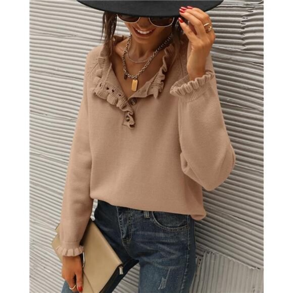 Womens Sweaters Fall Winter Outfits Long Sleeve Button Down Ruffle Crew Neck - Picture 3 of 7